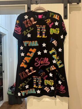 QUEEN OF SPARKLES Black Sequin Patch Mini Dress with Multicolor Appliqués